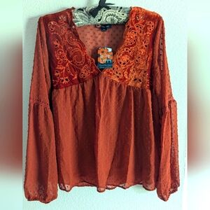 Burnt Orange and Velvet flare sleeve Top